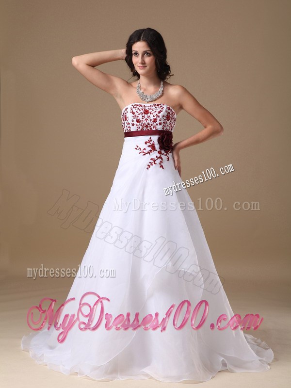 New Strapless Court Train Prom Dress with Red Appliques and Sash