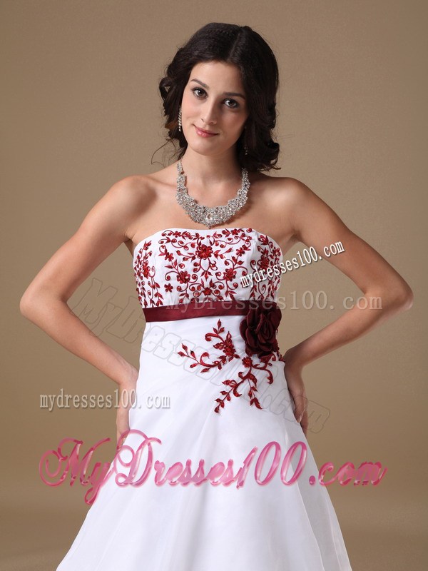 New Strapless Court Train Prom Dress with Red Appliques and Sash