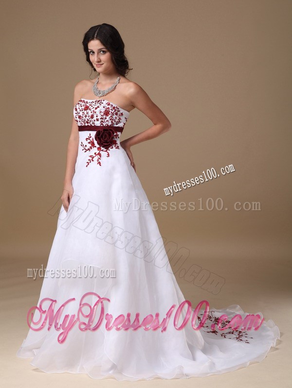 New Strapless Court Train Prom Dress with Red Appliques and Sash