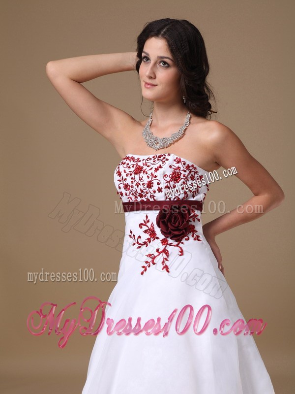 New Strapless Court Train Prom Dress with Red Appliques and Sash