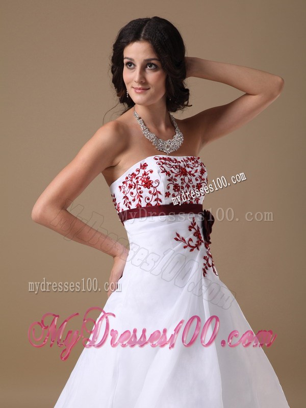 New Strapless Court Train Prom Dress with Red Appliques and Sash