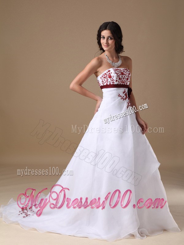 New Strapless Court Train Prom Dress with Red Appliques and Sash