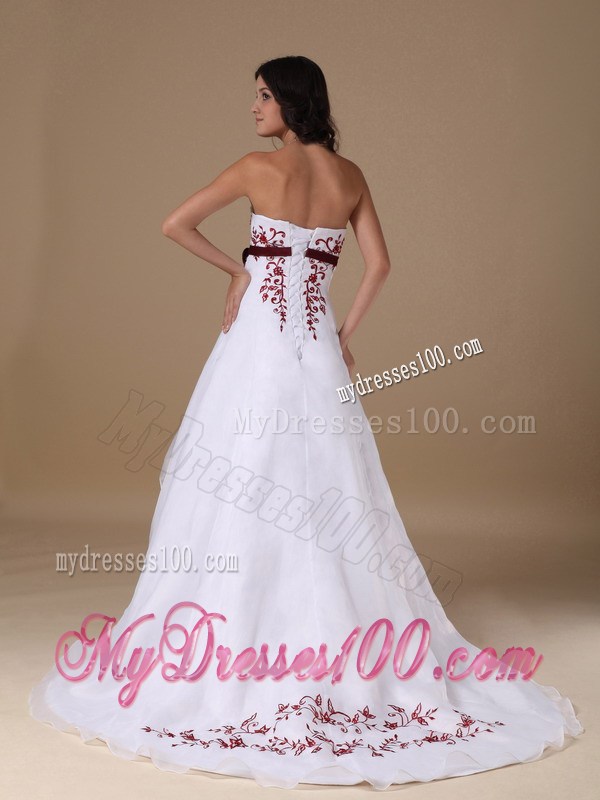 New Strapless Court Train Prom Dress with Red Appliques and Sash