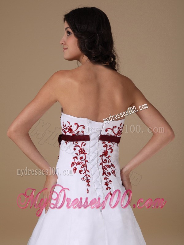 New Strapless Court Train Prom Dress with Red Appliques and Sash