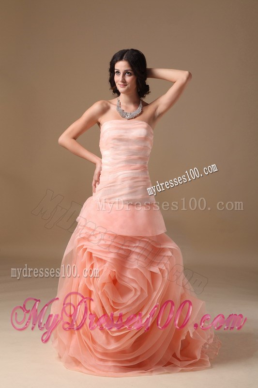 Customize Strapless Rolling Flower Prom Dress in Peach Color