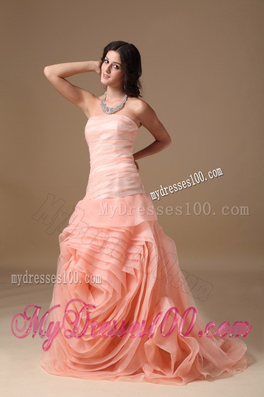 Customize Strapless Rolling Flower Prom Dress in Peach Color