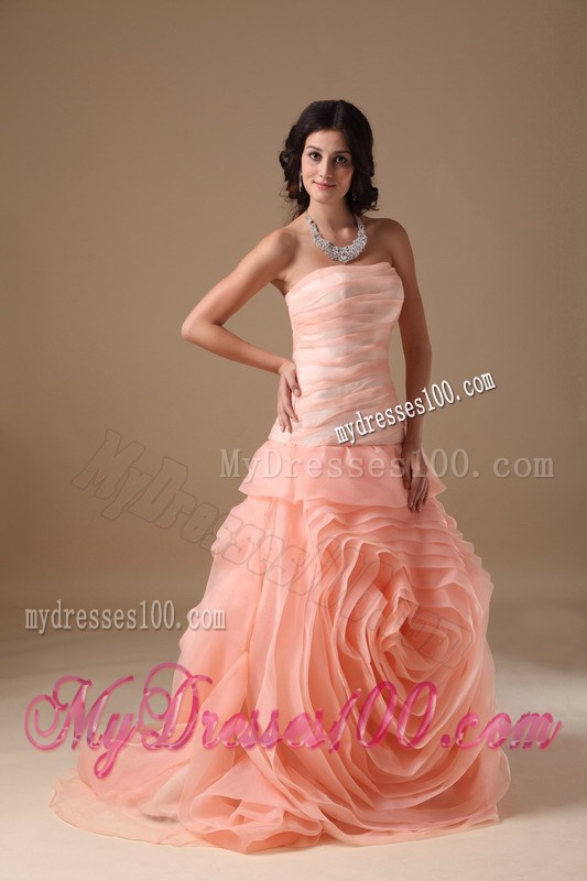 Customize Strapless Rolling Flower Prom Dress in Peach Color