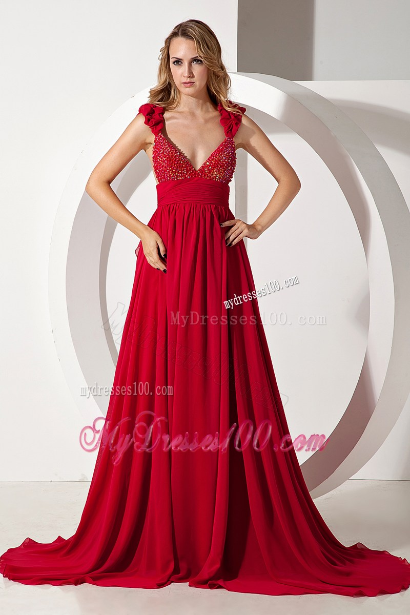 Wine Red A-line Straps Brush Train Chiffon Beading Prom Dress