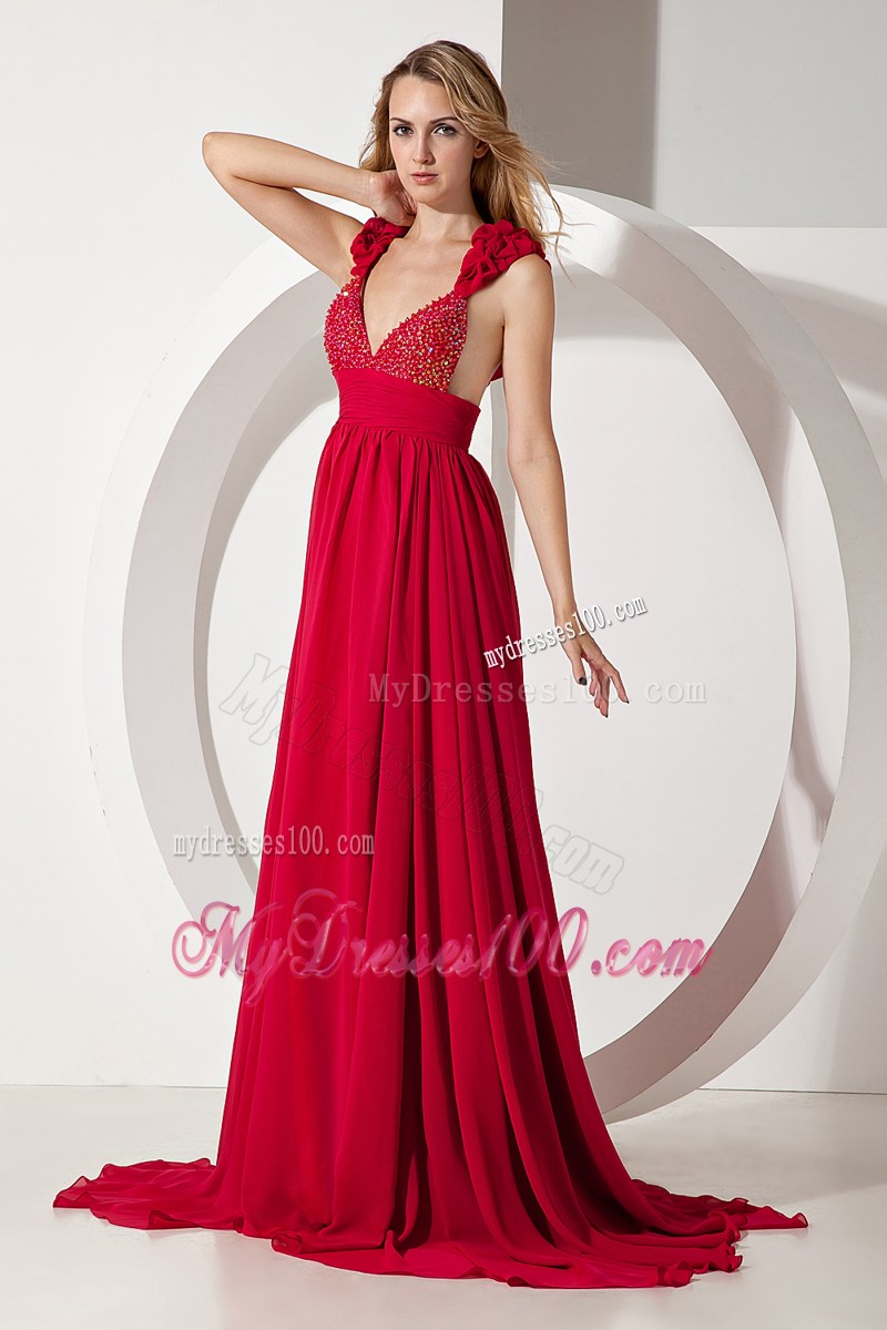 Wine Red Beading Straps Brush Train Backless Prom Dress