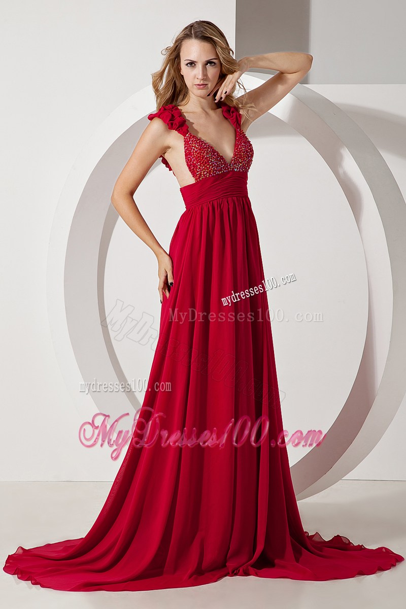 Wine Red Beading Straps Brush Train Backless Prom Dress