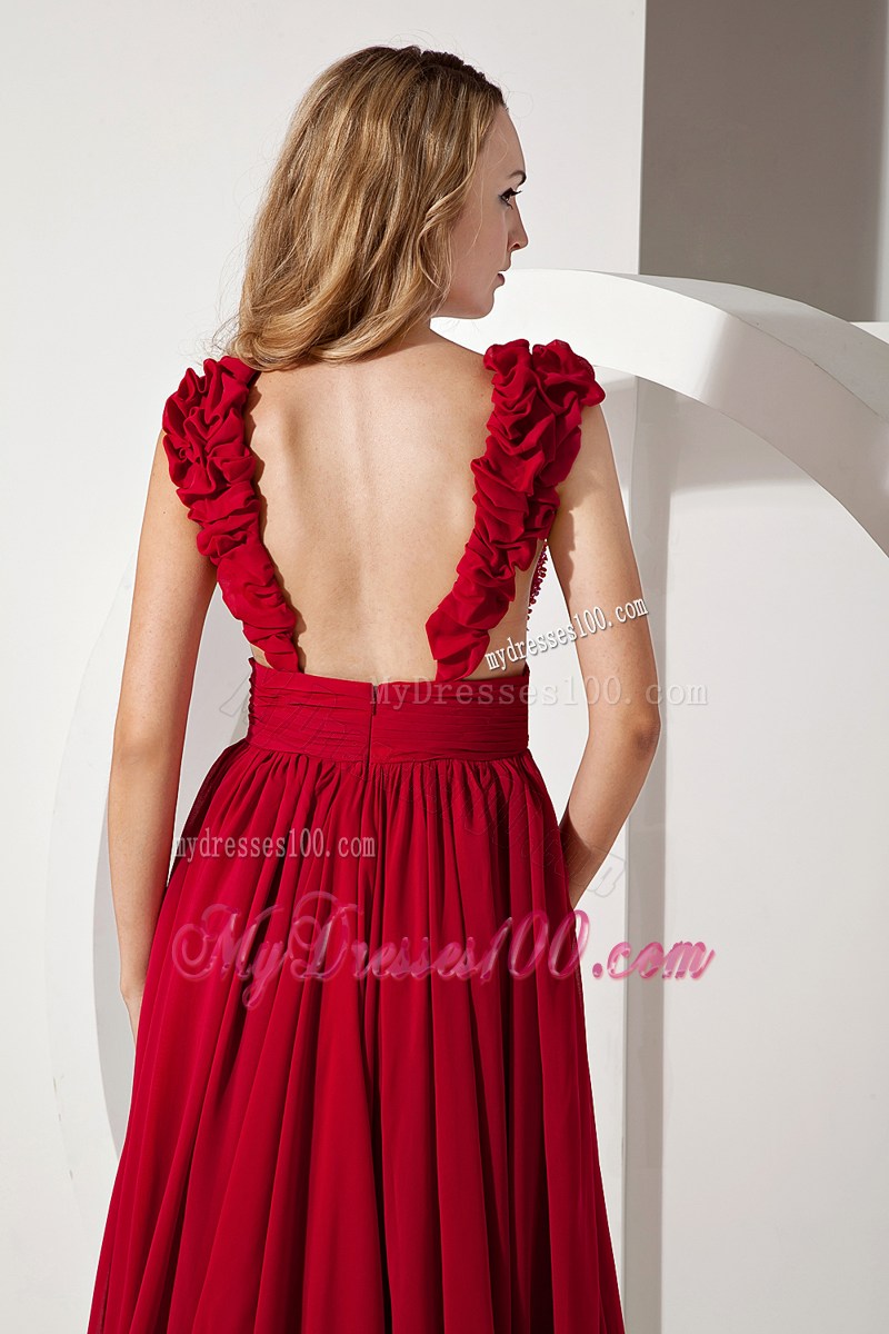 Wine Red A-line Straps Brush Train Chiffon Beading Prom Dress