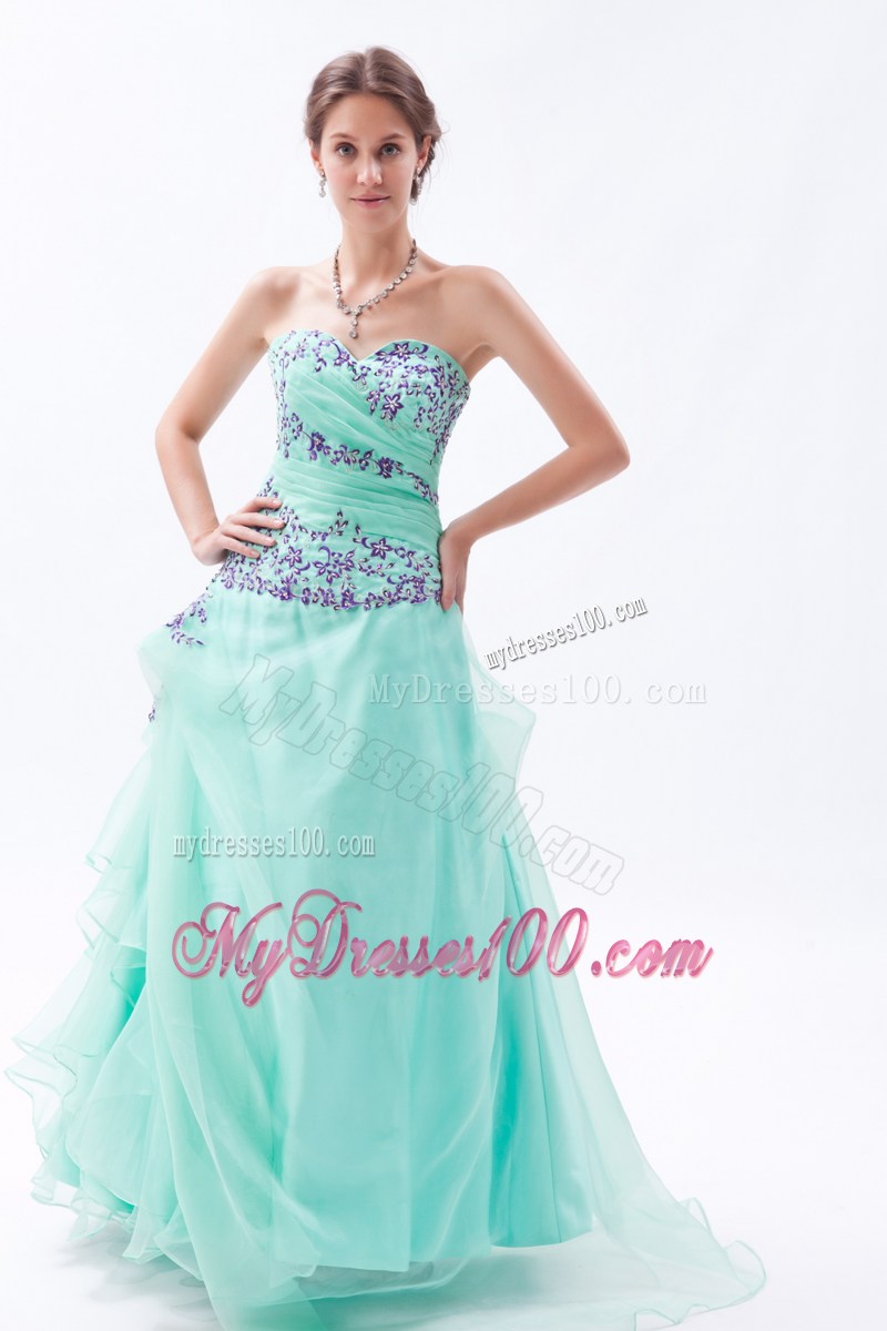 Apple Green Empire Sweetheart Appliques and Ruffles Prom Dress