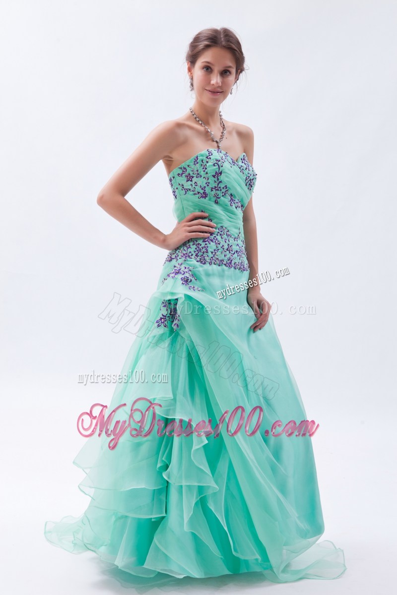 Apple Green Empire Sweetheart Appliques and Ruffles Prom Dress