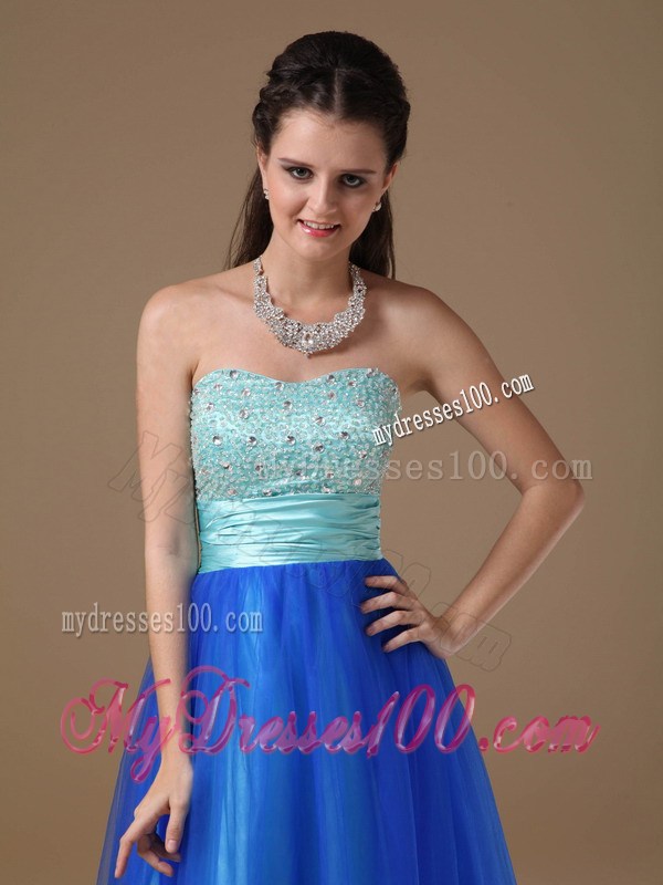 Apple Green and Royal Blue Strapless Beaded Decorate Prom Dress