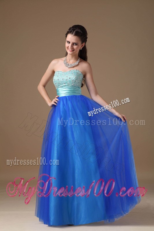 Apple Green and Royal Blue Strapless Beaded Decorate Prom Dress