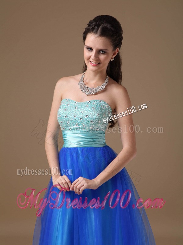 Apple Green and Royal Blue Strapless Beaded Decorate Prom Dress