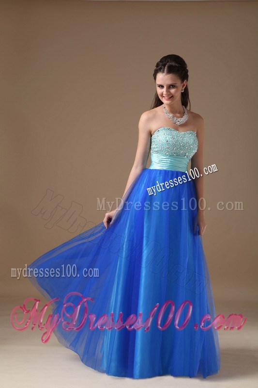 Apple Green and Royal Blue Strapless Beaded Decorate Prom Dress