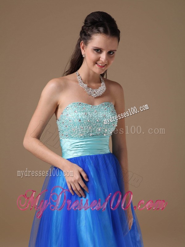 Apple Green and Royal Blue Strapless Beaded Decorate Prom Dress