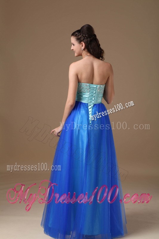 Apple Green and Royal Blue Strapless Beaded Decorate Prom Dress