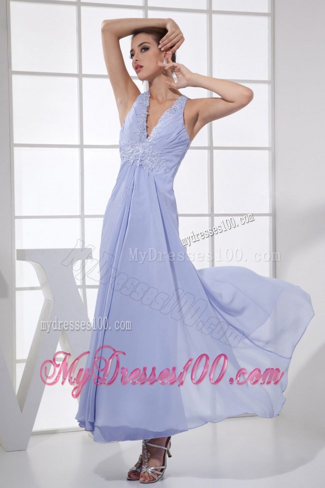 Appliques V-neck Lilac Ankle-length Criss Cross 2013 Prom Dress