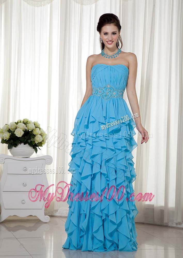 Aqua Blue Strapless Prom Dress with Beading and Ruffles Layered
