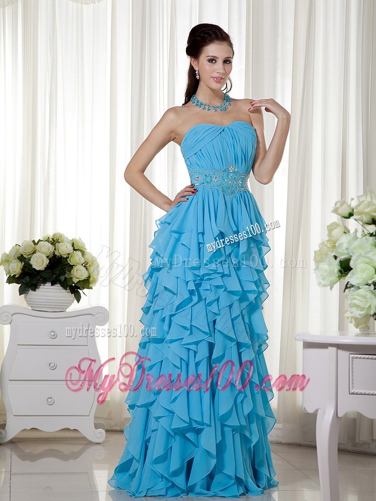 Aqua Blue Strapless Prom Dress with Beading and Ruffles Layered