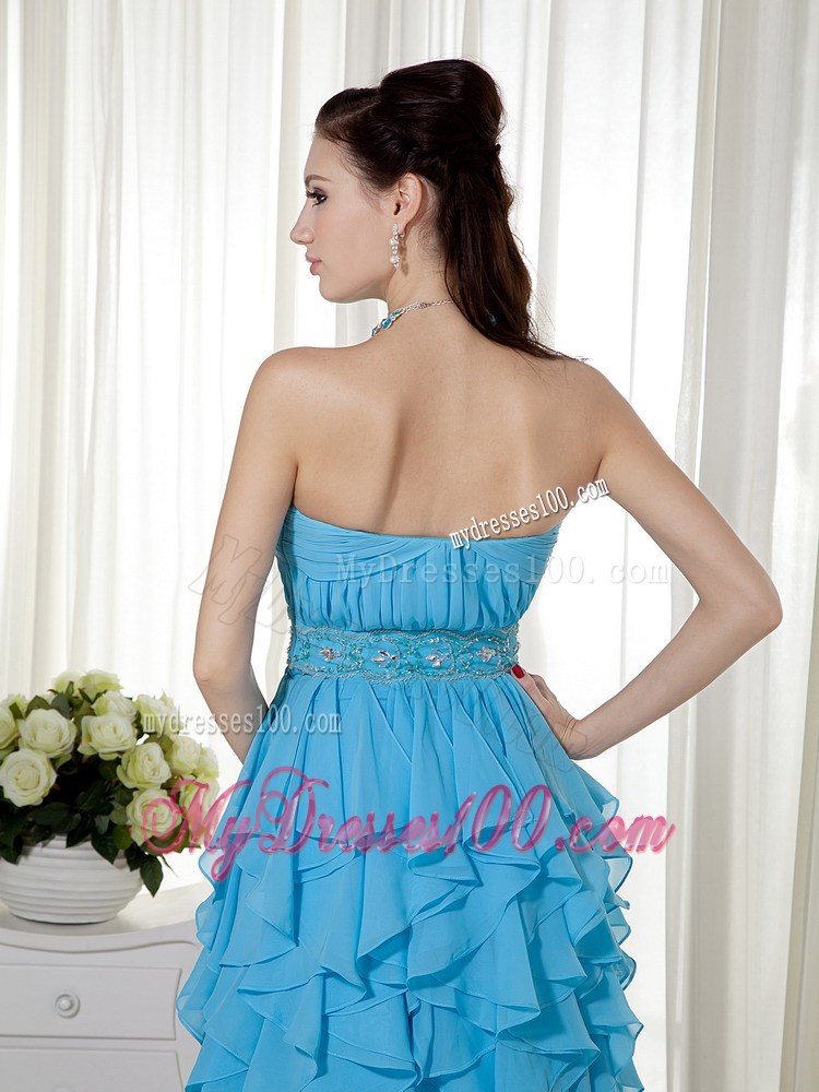 Aqua Blue Strapless Prom Dress with Beading and Ruffles Layered