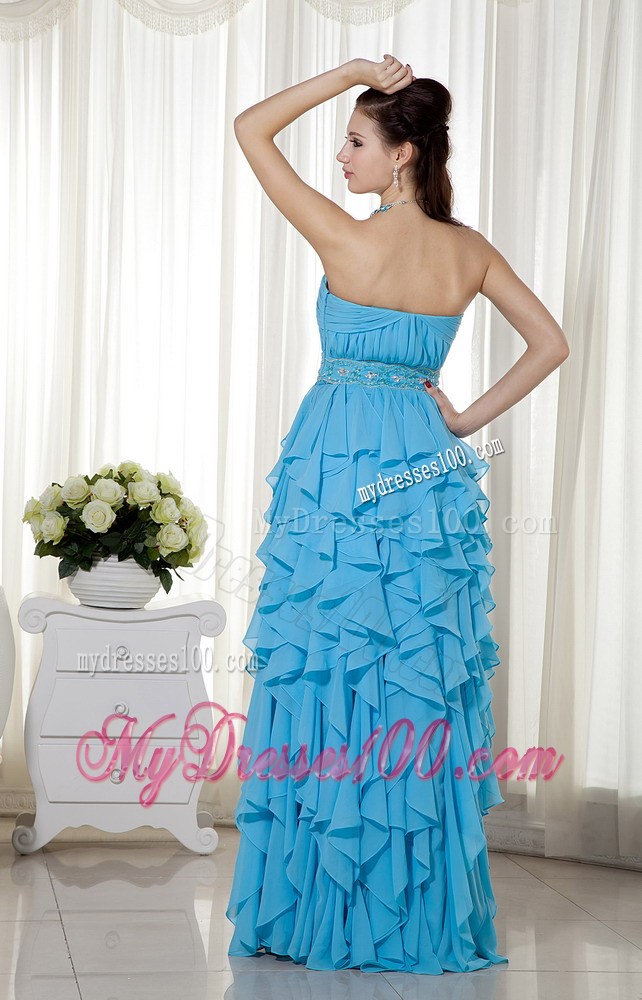 Aqua Blue Strapless Prom Dress with Beading and Ruffles Layered