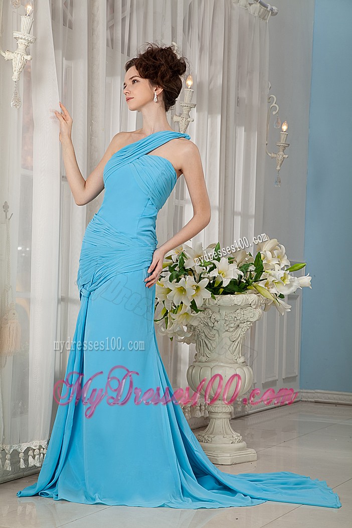 Aqua Blue Watteau Train One Shoulder Ruche Prom Evening Dress