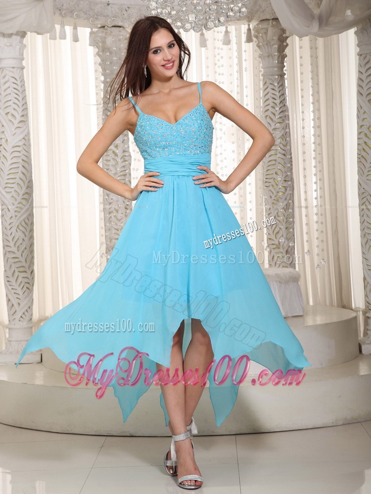 Baby Blue Empire Spaghetti Straps Asymmetrical Chiffon Prom Dress