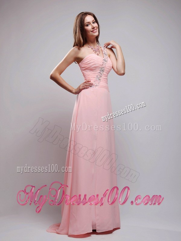 Baby Pink One Shoulder Brush Train Beading and Ruche Prom Dress