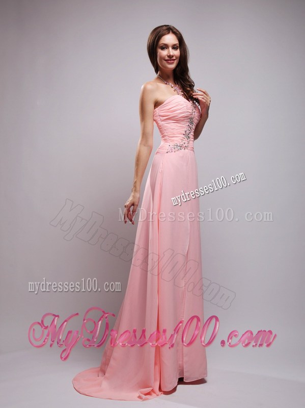 Baby Pink One Shoulder Brush Train Beading and Ruche Prom Dress