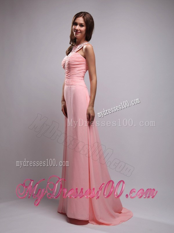 Baby Pink One Shoulder Brush Train Beading and Ruche Prom Dress
