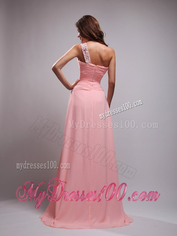 Baby Pink One Shoulder Brush Train Beading and Ruche Prom Dress