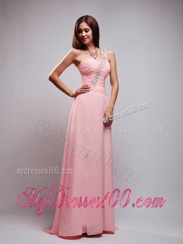 Baby Pink One Shoulder Brush Train Beading and Ruche Prom Dress