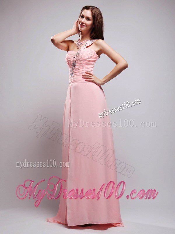Baby Pink One Shoulder Brush Train Beading and Ruche Prom Dress