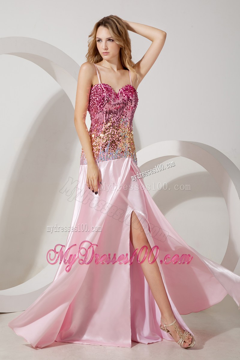 Baby Pink Empire Sequin Straps Prom Dress with Brush Train