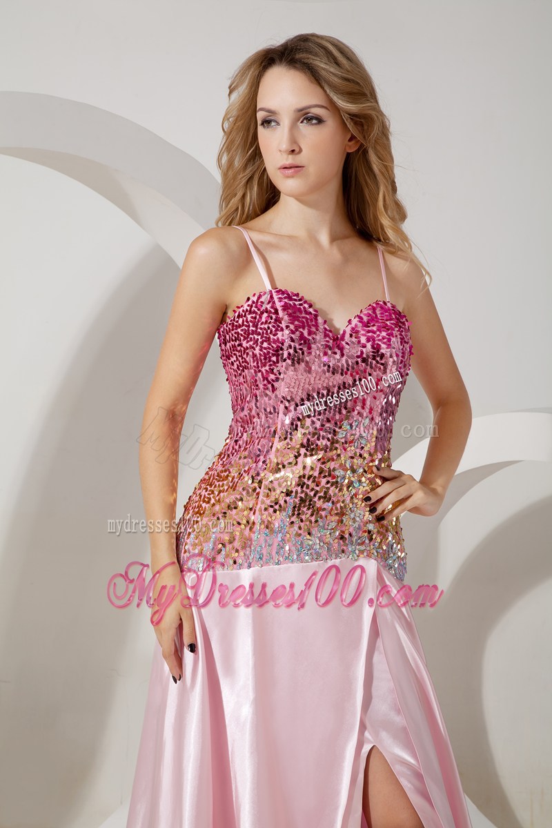 Baby Pink Empire Sequin Straps Prom Dress with Brush Train