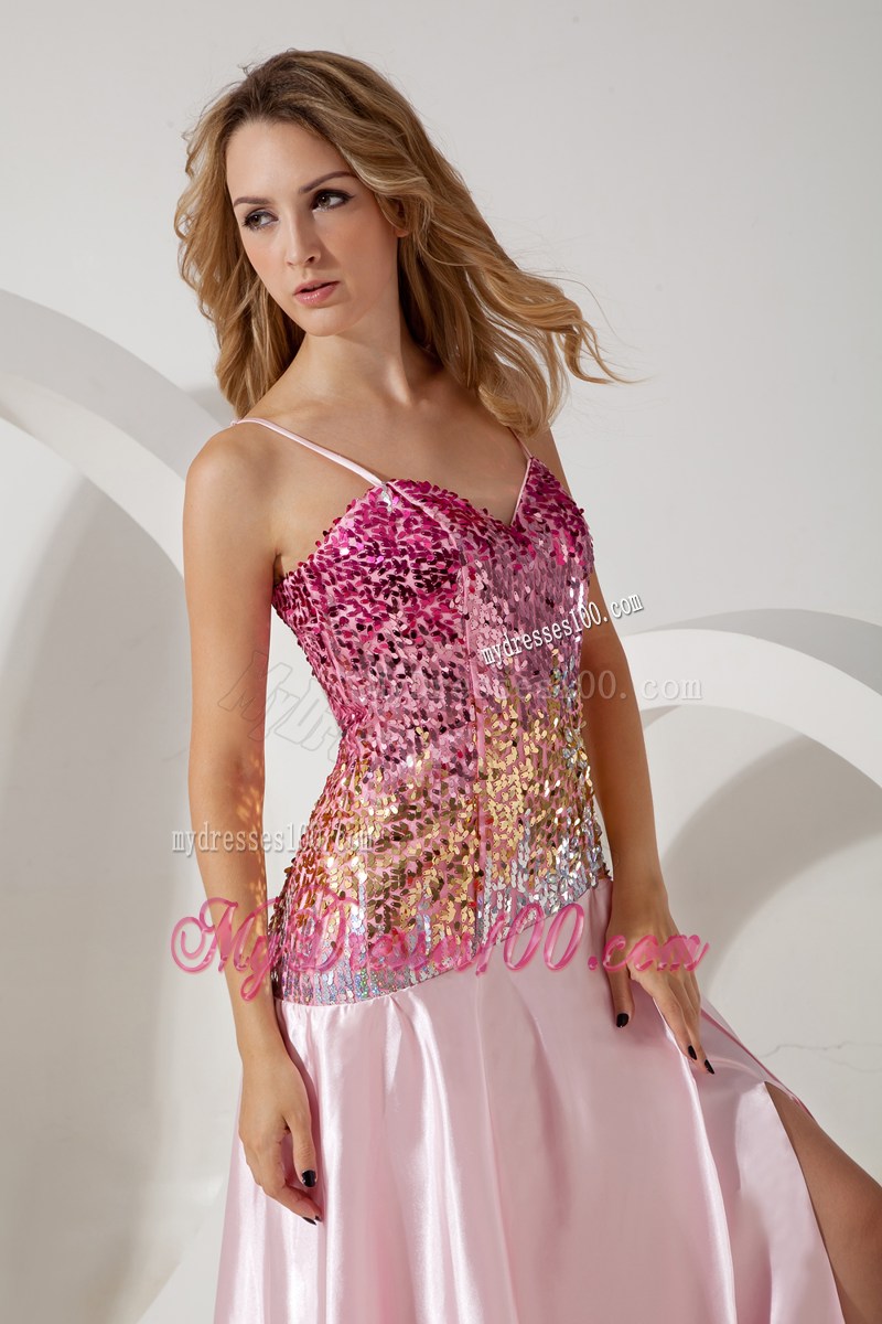 Baby Pink Empire Sequin Straps Prom Dress with Brush Train