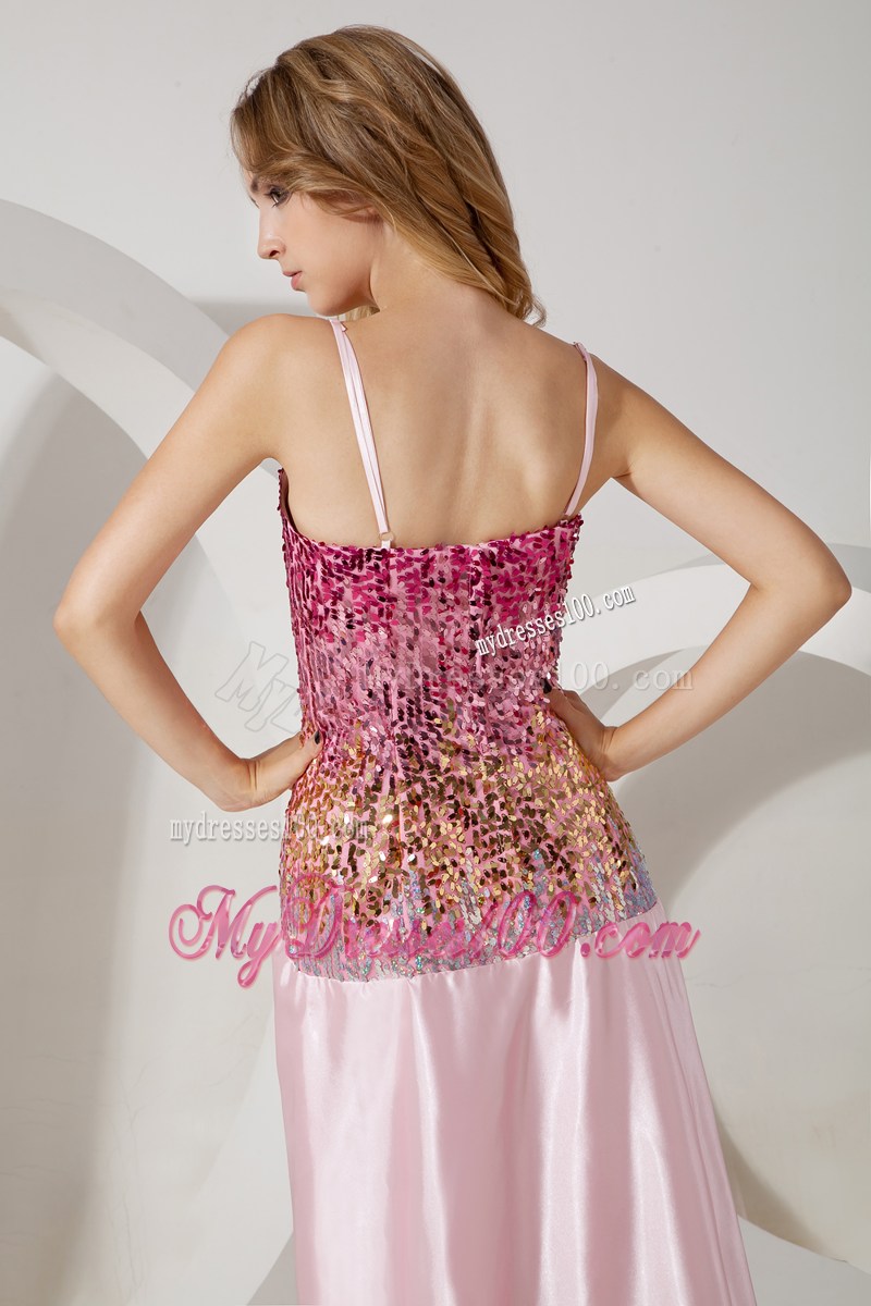 Baby Pink Empire Sequin Straps Prom Dress with Brush Train