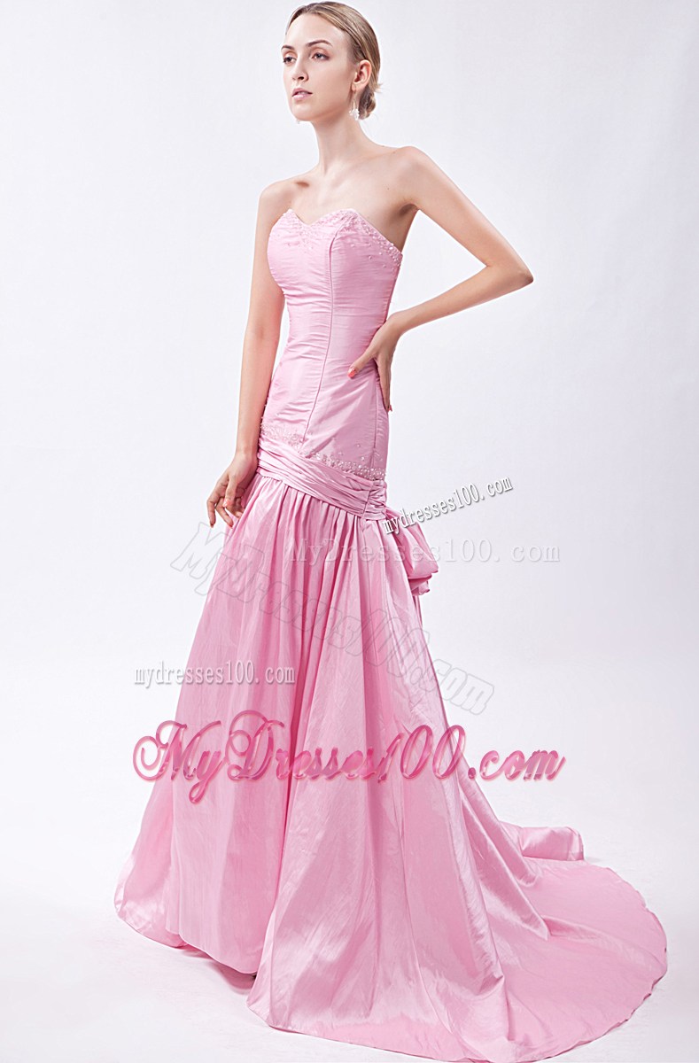 Baby Pink Mermaid Brush Train Sweetheart Beading Prom Dress