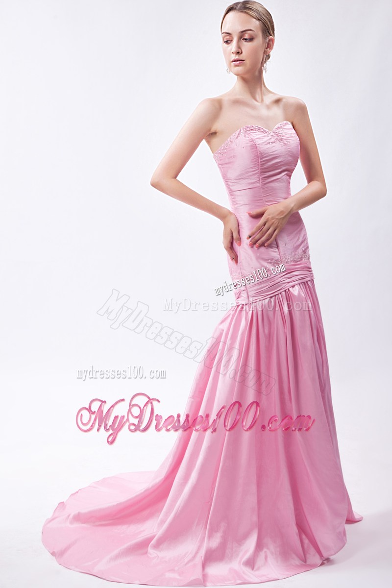 Baby Pink Mermaid Brush Train Sweetheart Beading Prom Dress