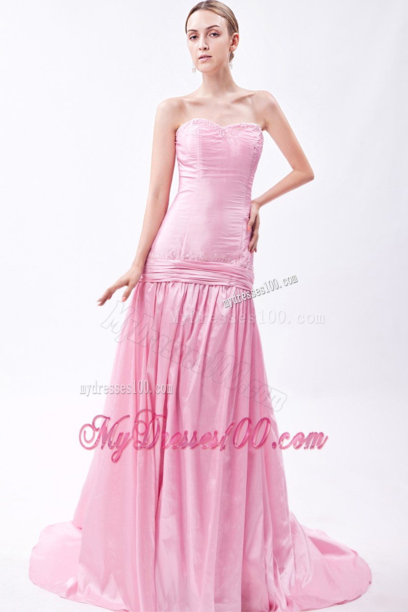 Baby Pink Mermaid Brush Train Sweetheart Beading Prom Dress