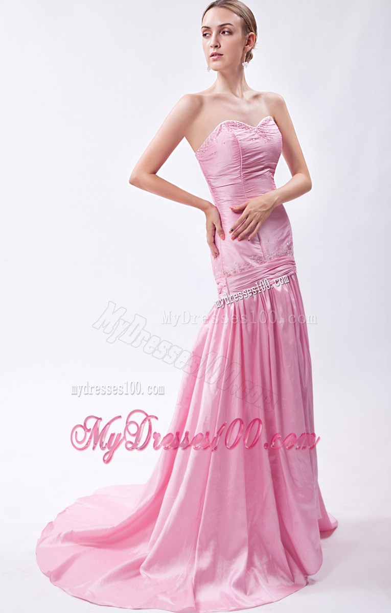 Baby Pink Mermaid Brush Train Sweetheart Beading Prom Dress