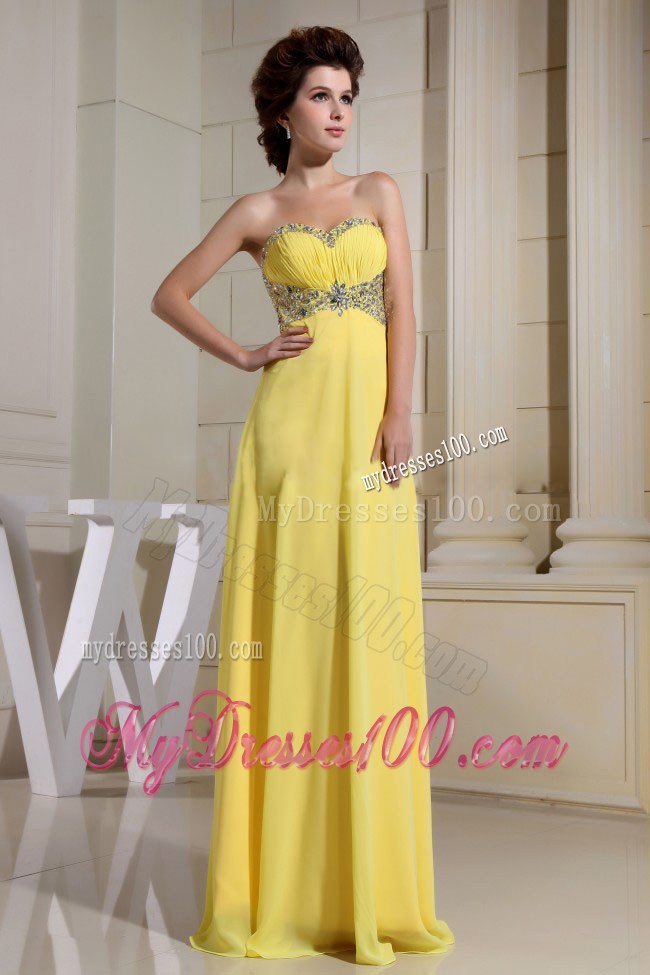 Beaded Decorate Waist and Sweetheart For Yellow Prom Dress