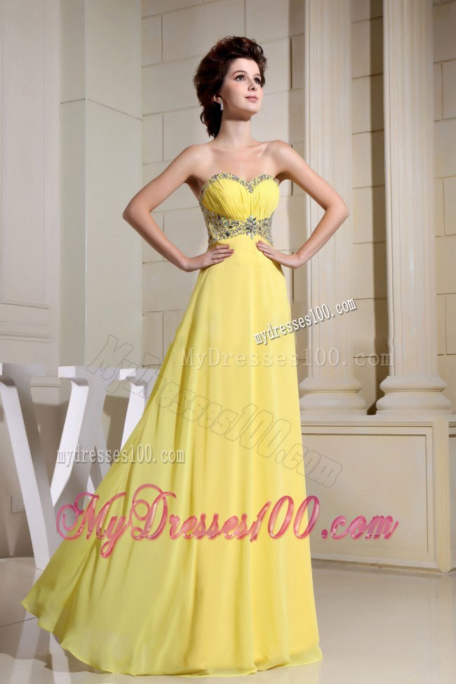 Beaded Decorate Waist and Sweetheart For Yellow Prom Dress