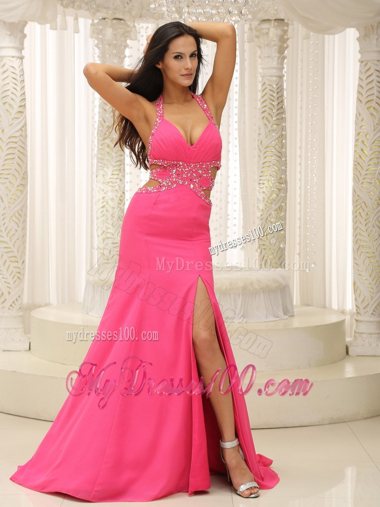 Brand New Halter Beaded Decorate Waist High Slit For Prom Dress