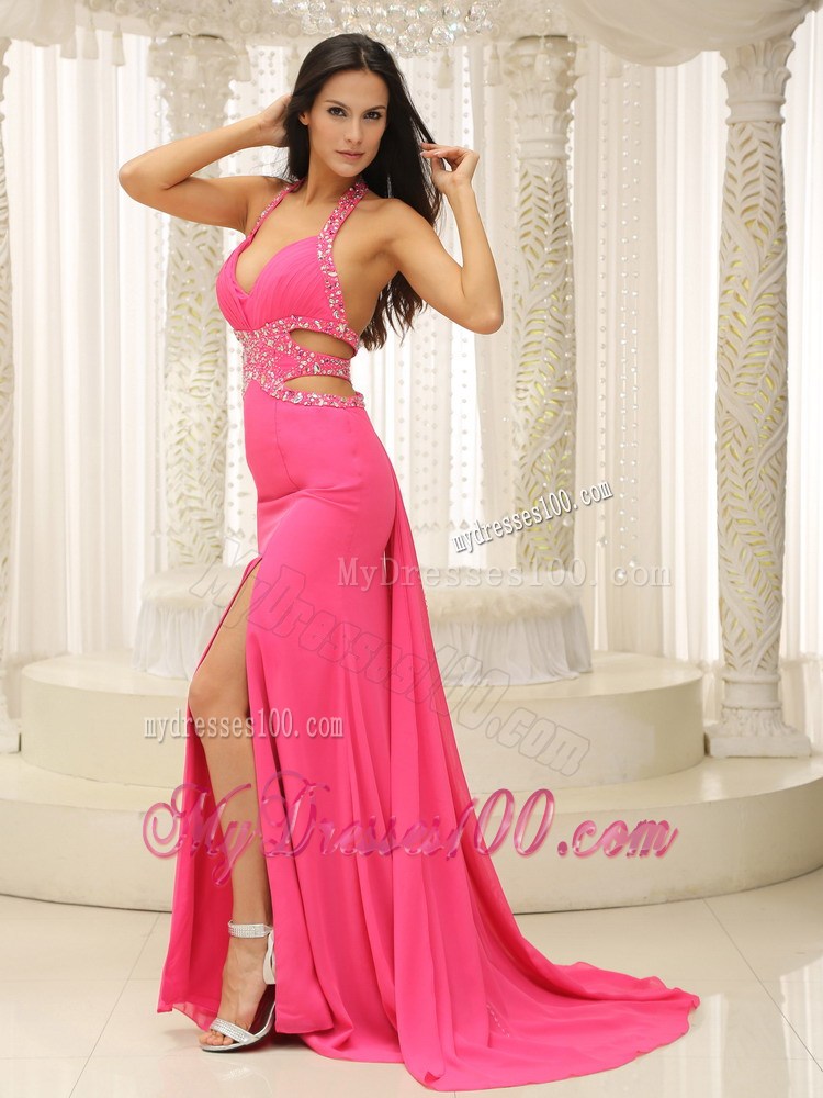 Brand New Halter Beaded Decorate Waist High Slit For Prom Dress