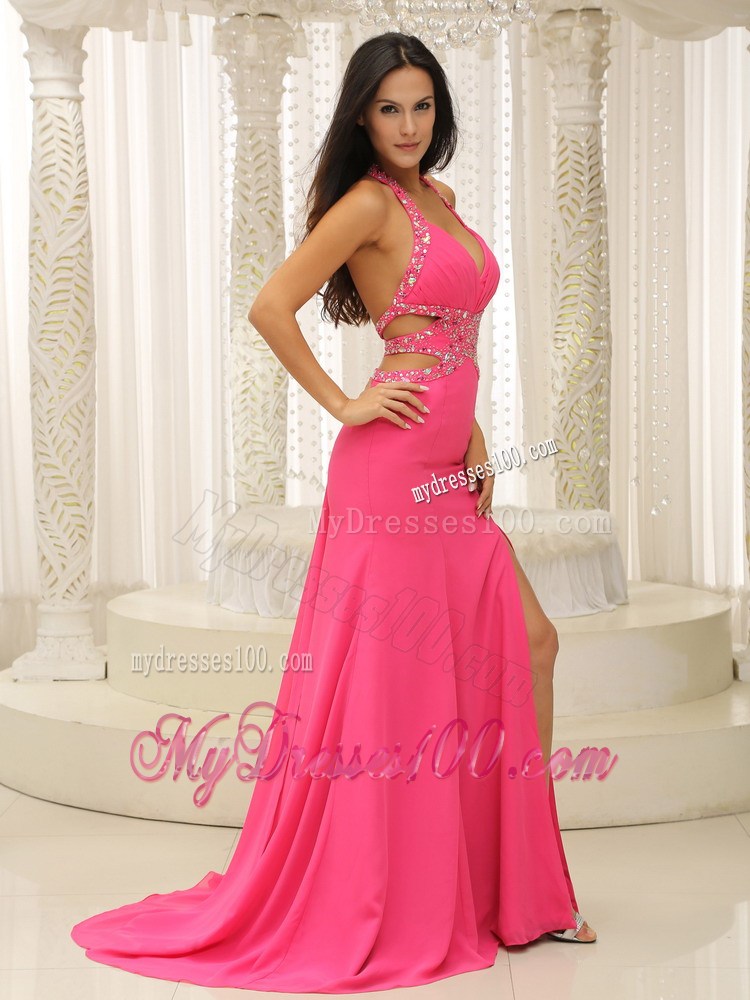 Brand New Halter Beaded Decorate Waist High Slit For Prom Dress
