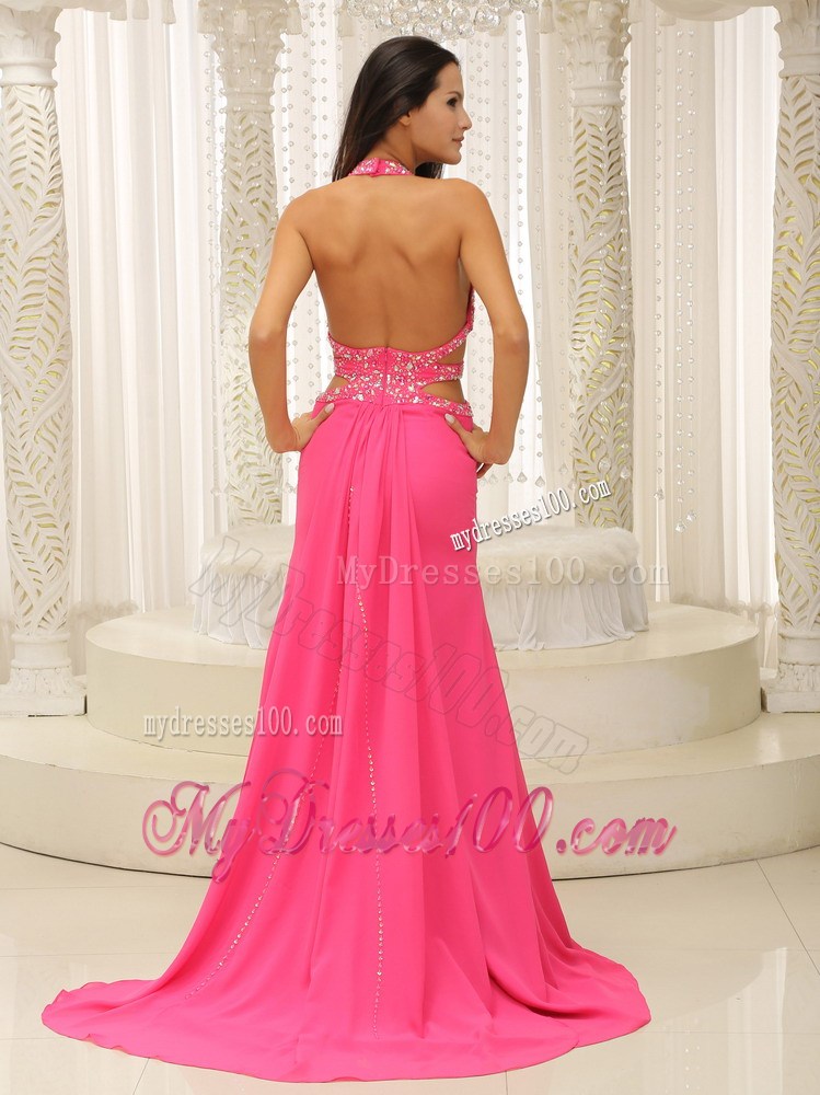 Brand New Halter Beaded Decorate Waist High Slit For Prom Dress